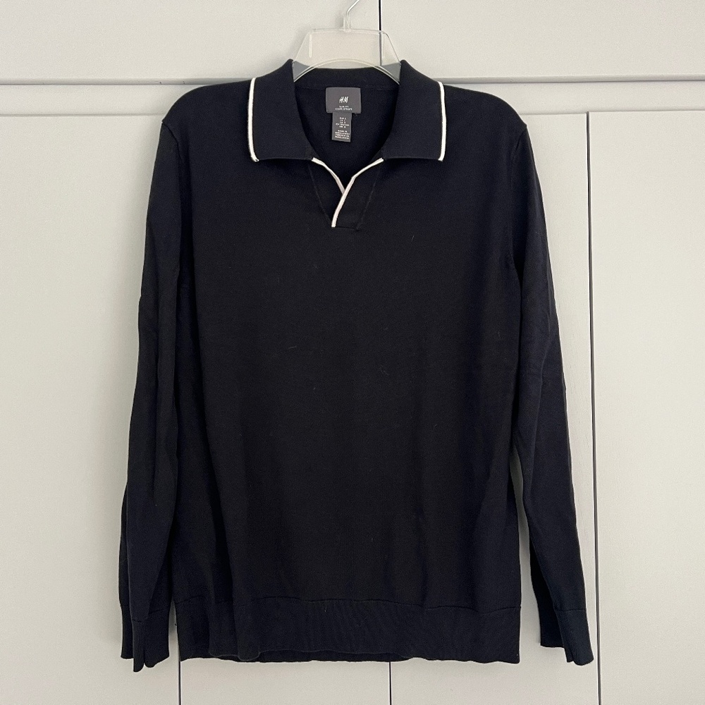 H&M Navy Blue Slim Fit White Tipped Split Johnny Collar Preppy Polo Sweater L